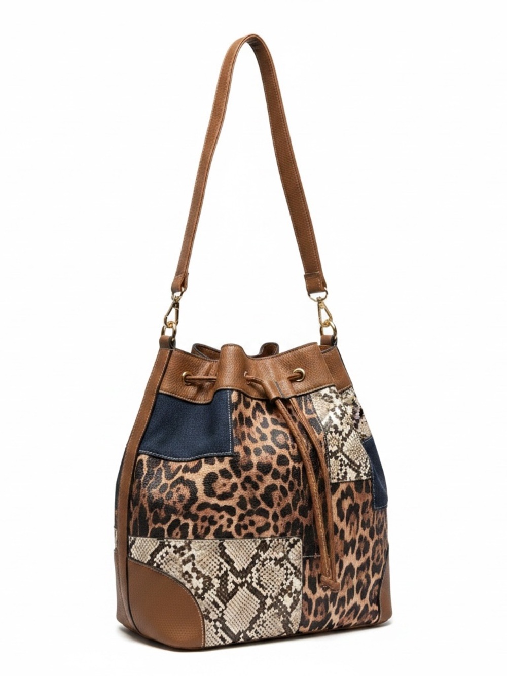 Leopard Snake Patchwork Denim Bucket Bag Drawstring Shoulder Purse Boho Western